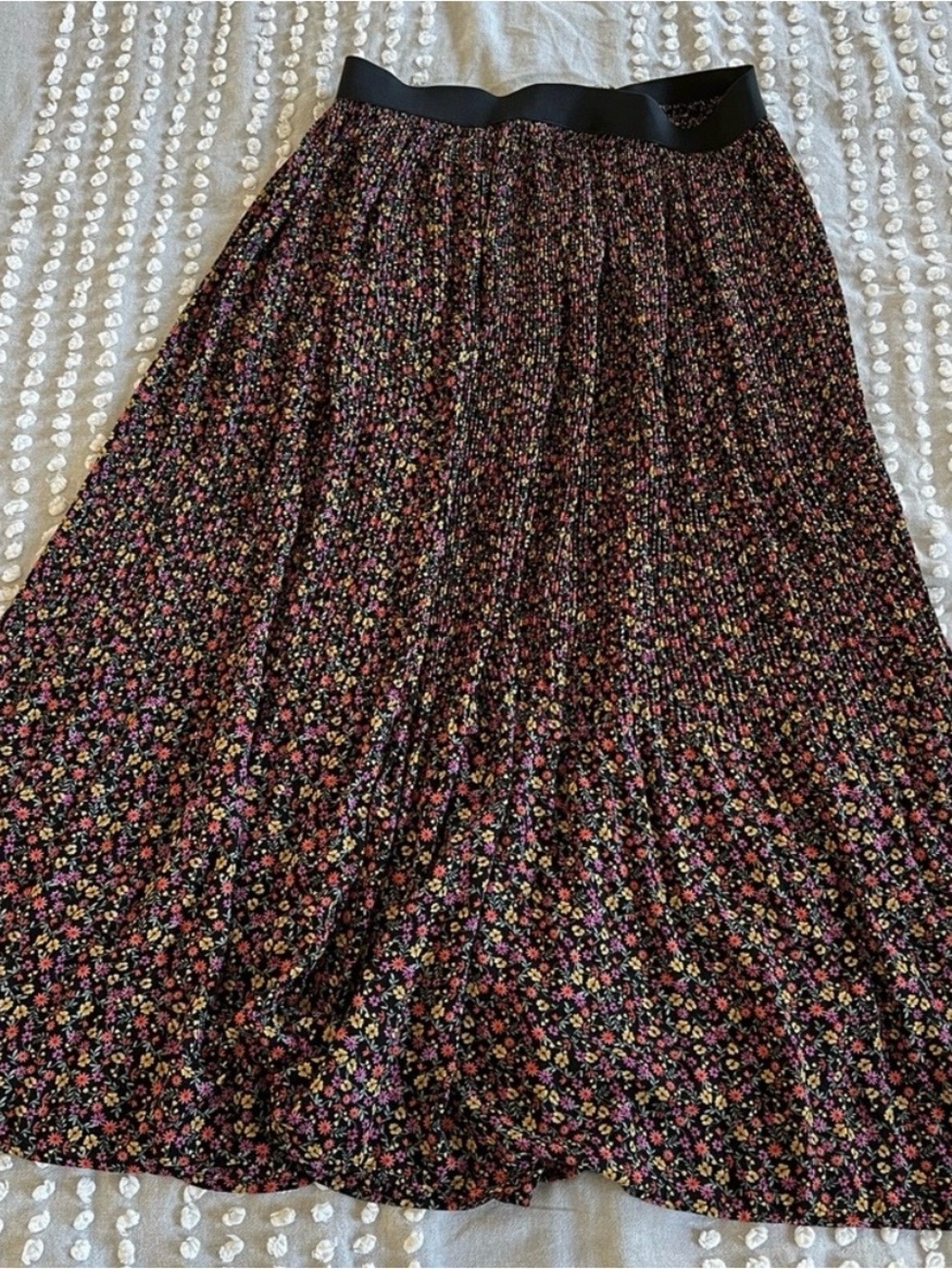 Adrianna Papell Black Pleated Maxi Skirt with Pink Yellow and Green Floral Print